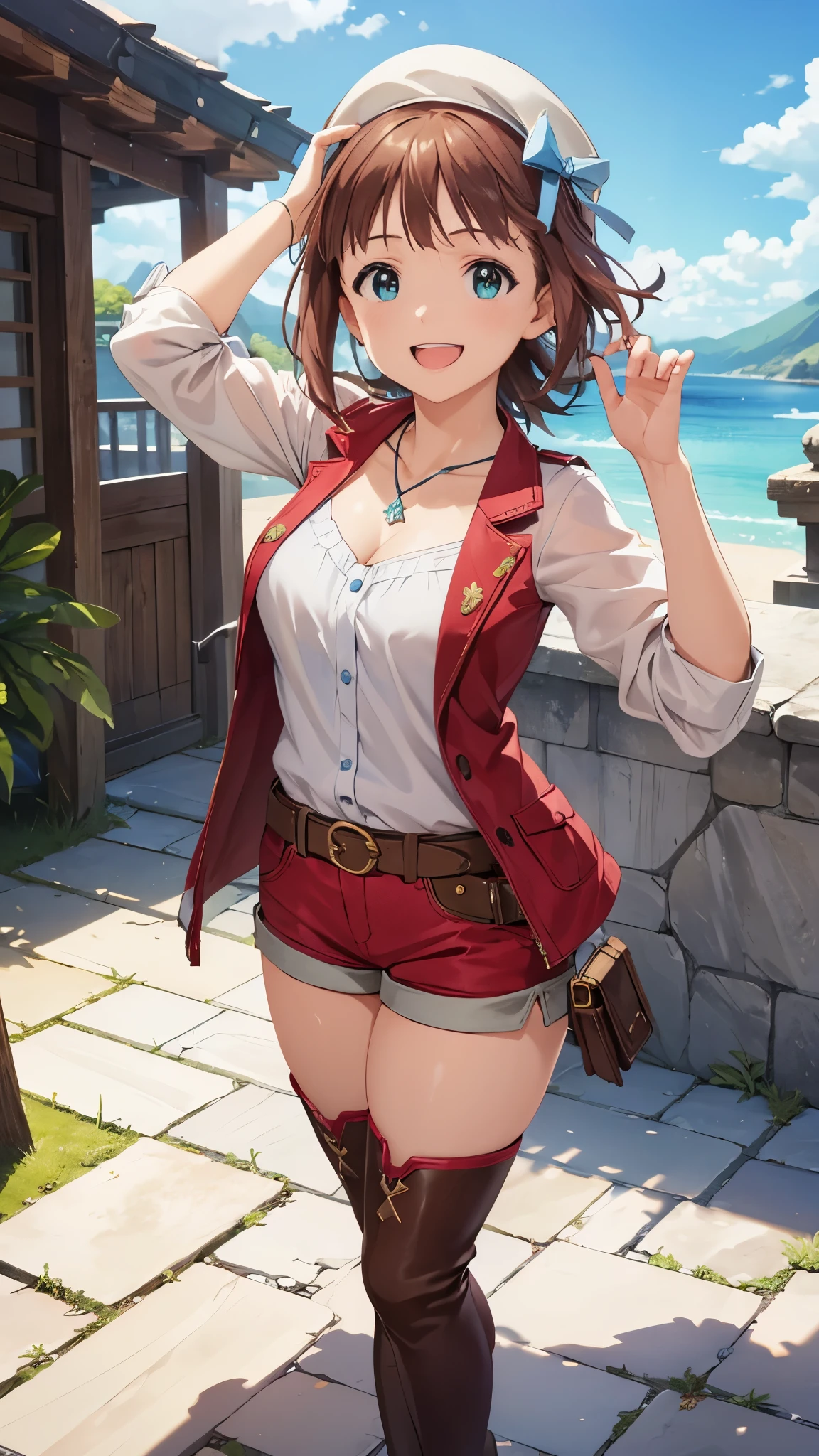 CG, unity, 8k, wallpaper, highest quality, masterpiece, 1 girl, haruka amami, cowboy shot, standing, looking at viewer, outdoors, waving, (smile: 1.2), open mouth, (thigh boots that expose your toes like sandals), shorts, thighs, best lighting, complex pupils, complex textile, realistic skin texture, detailed background, (Traditional stone town in Europe), (blue sky: 1.5)