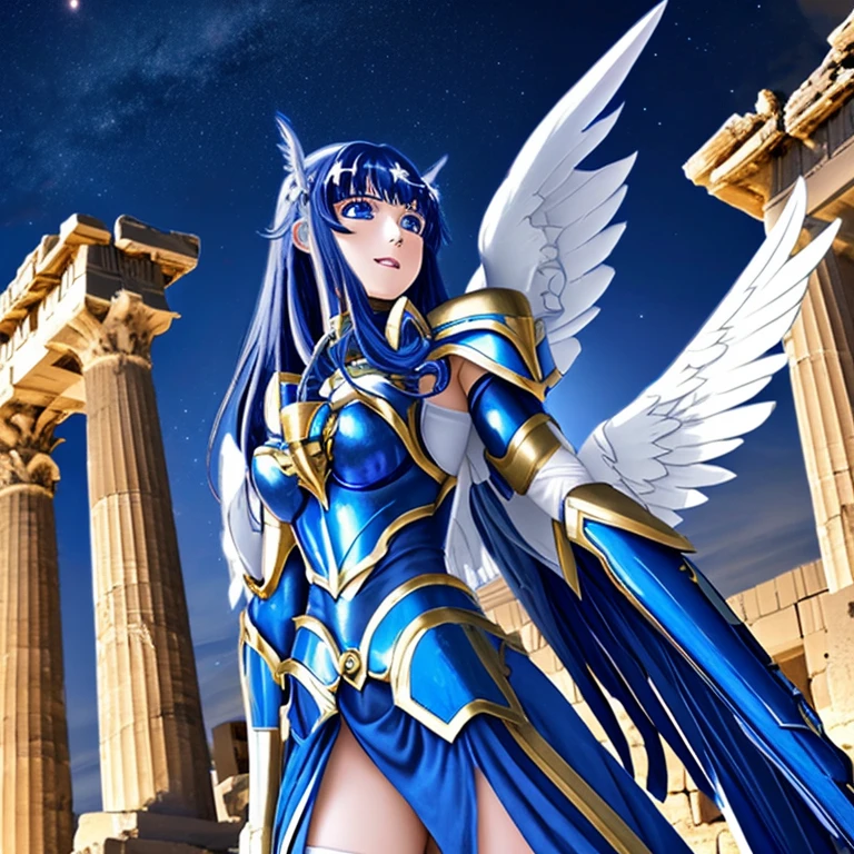 anime character、Saint Seiya、girl、Parthenon temple、night sky、blue armor、cross、Winged Armor、Wide-open eyes、、High resolution、masterpiece、可愛いgirl、Shaina