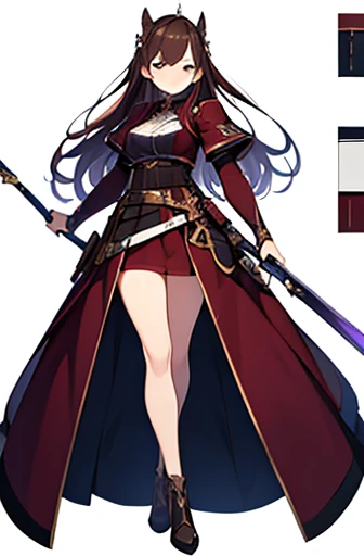 (((Best Quality))) , ((full body)), adult female, high fantasy outfit, reference sheet, solo, (white background), holding weapon, belt, violet, brown, white, maroon, blue,
