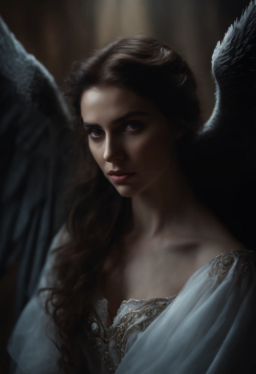 Demon princess, mournful lady, ghost angel, fighting in the battlefield casting a dark spell, dark energy aura, full figure portrait, three quarter wiew, masterpiece, 8k resolution, warp space background, Caravaggio art, digital art