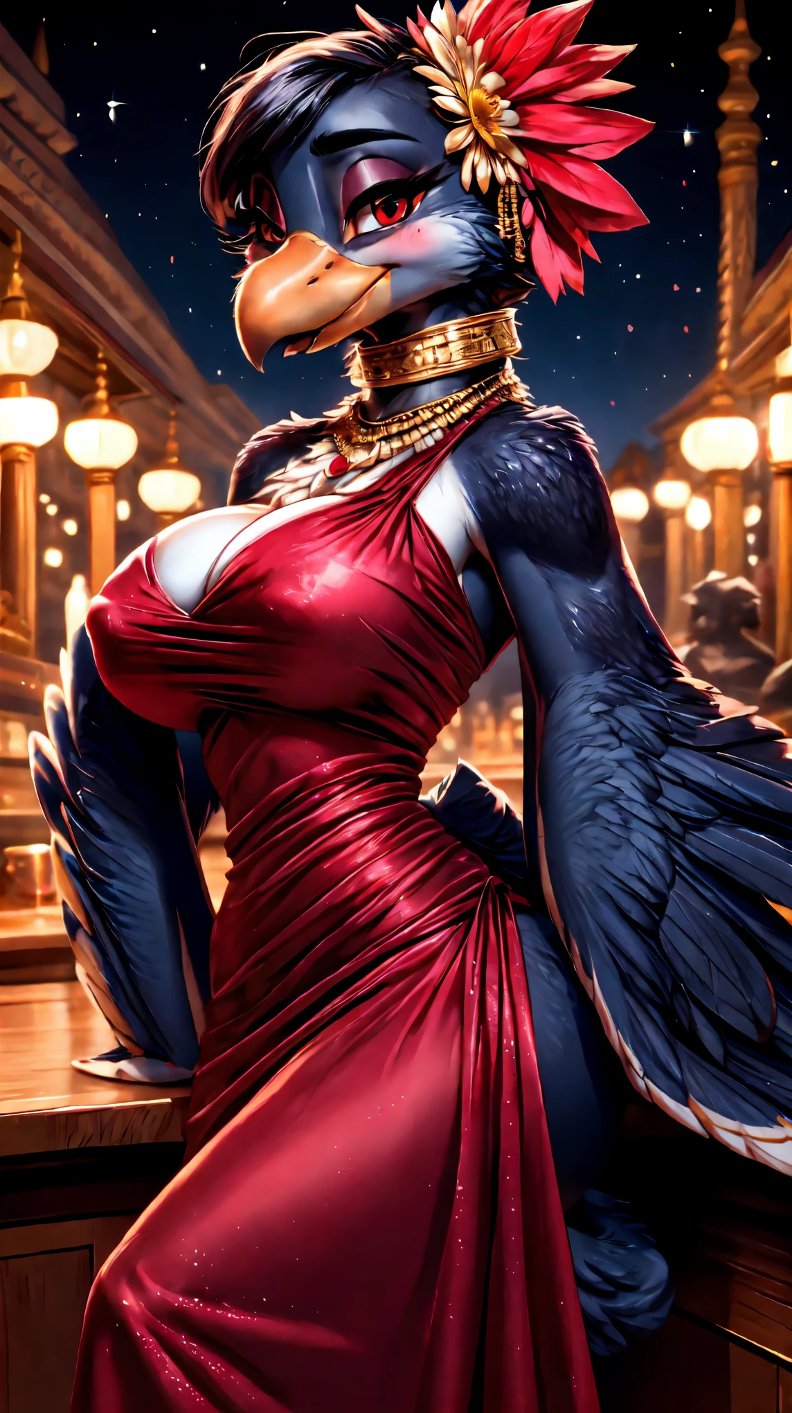 2 Beautiful woman,(((beautiful red eyes))),((((chibi:1.5)))),side facing,((((winged-arms)))),(((Beautiful night view of big city))),((((jewelry:1.5)))),((Athletic body:1.5)),(((anthro crow))),(((luxury Bar:1.3))),(((Lover-like relationship))),((((racy dress)))),(((blush smile))),((flower hair ornament)),female,(((sitting))),((wine bottle)),portrait,((((big breasts)))), beak,cute,Super high quality,masterpiece,heart shaped pupils,(highest quality,4k,8K,High resolution,masterpiece:1.2), Super detailed, HDR, UHD, studio lightning, ultra-fine goodinting, sharp focus, Physically based rendering, extrine detail description, Professional, Bright colors, Bokeh, (in) you bring, landscape, photograph, concept artist (Style), (with) vibrant color goodlette, (good) soft lighting