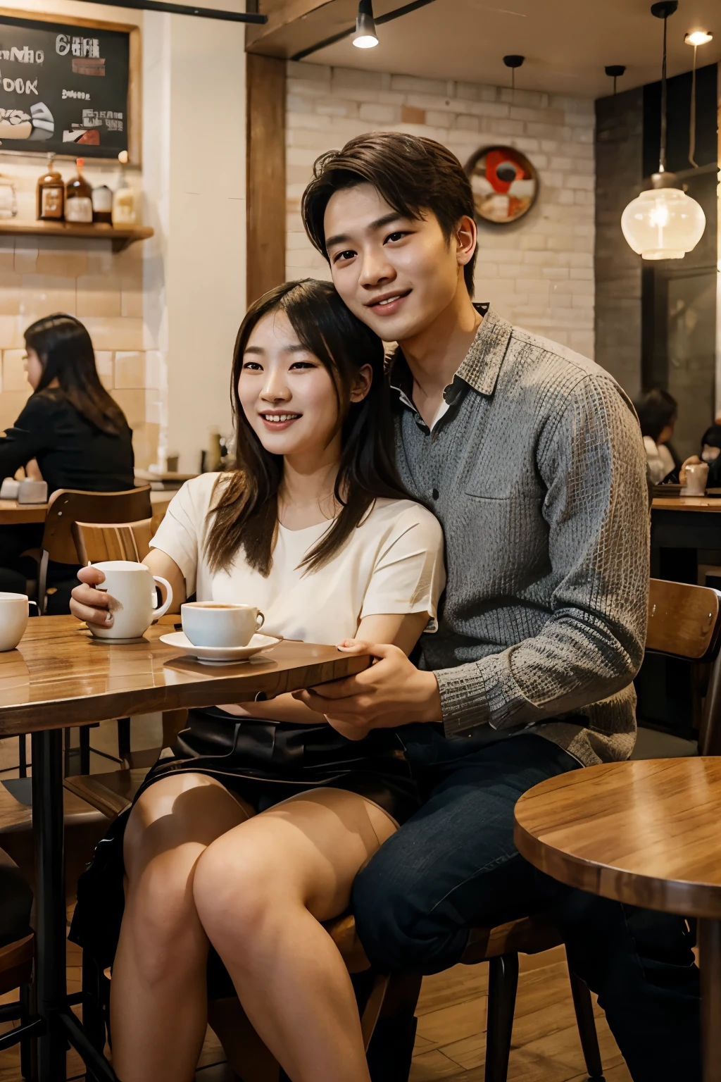 A young Chinese couple sitting in a coffee shop,Selfie,A face filled with happiness,super realistic