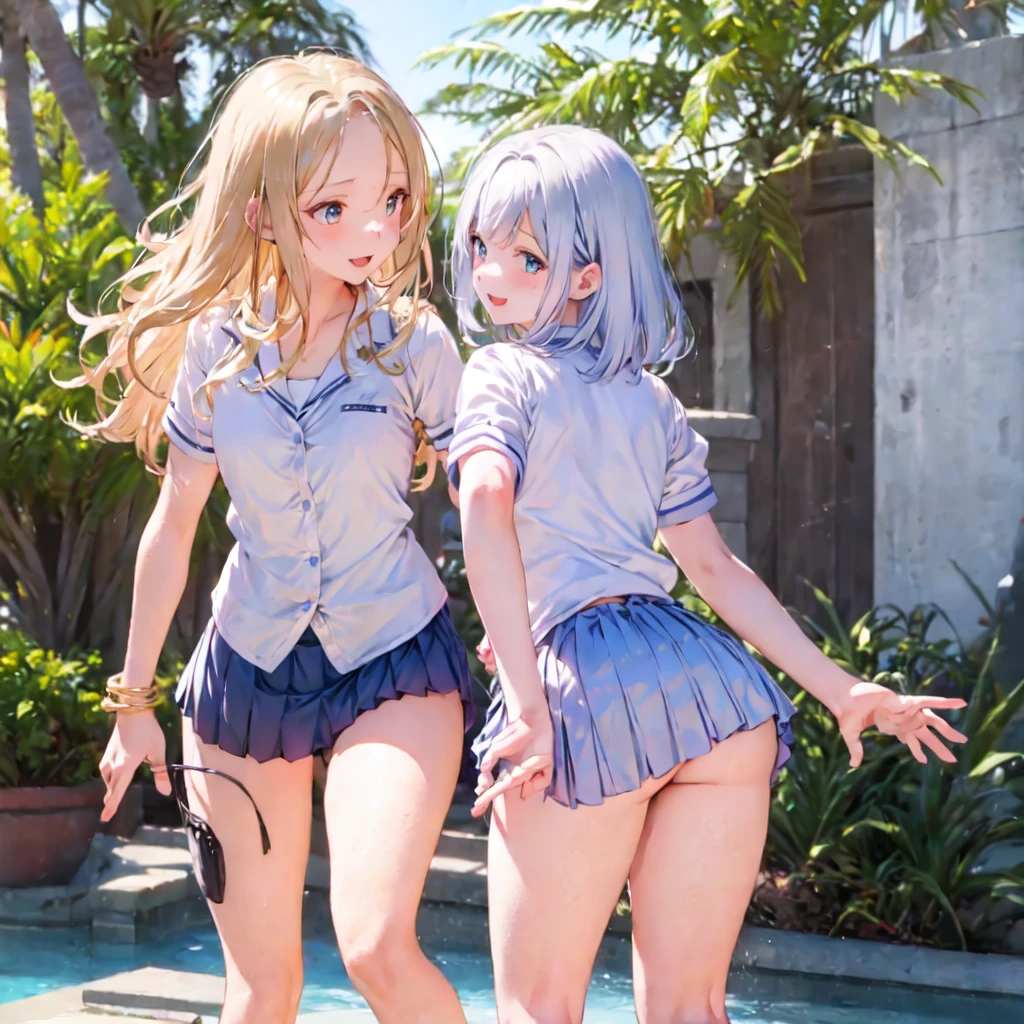 Texture CG, ((Ultra Detail Art)), ((master piece)), (extremely details CG),Multiple girls,3girls,harem,standing,school gals ,school gyaru ,(school unifrom:1.4),skirt ,(pleated mini skirt:2.0), white shirt, school bag, bag , beautiful legs,from behind,from below, ((string panties),(white sexy panties)),undressing,panty pull,pulled by self,long hair, blonde hair, brown hair, pink hair, silver hair, Curve, Beautiful detailed eyes , gleaming skin, bracelet, ,hair ornament, hairclip, jewelry, open mouth ,light smile, embarrassed:1.4,