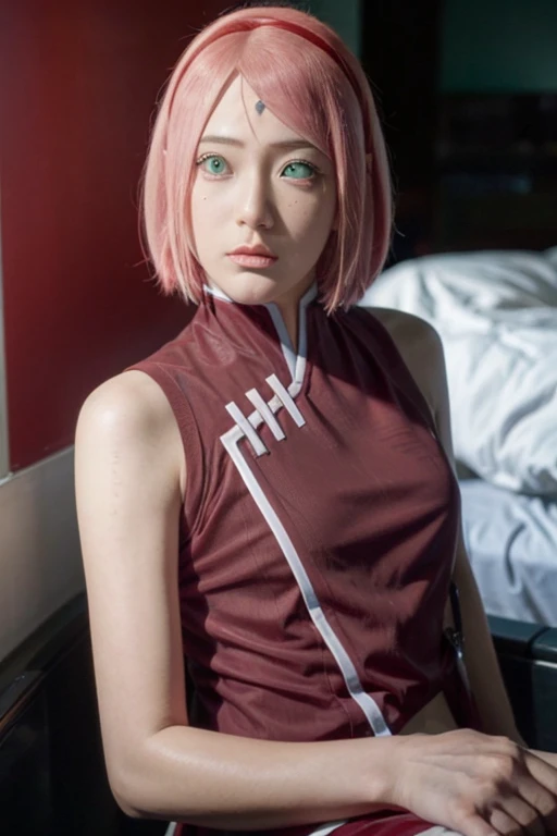 Real life adaption of this character,Asian teen beauty , realistic same hair, realistic outfit, realistic light, realistic shadow, hyper realistic, realism, realistic background,(photorealistic:1.2),green eyes color. Sakura / Sakura Haruno (Sakura Haruno) / [Boruto: Naruto Next Generation,1girl ,best quality ,ultra Higd ,detail realistic ,sceneHDR pro,sit ,background bed
