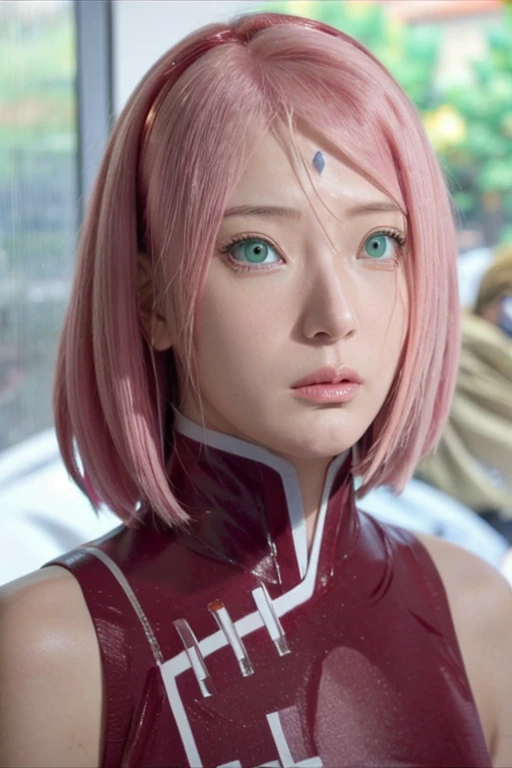 Real life adaption of this character,Asian  beauty , realistic same hair, realistic outfit, realistic light, realistic shadow, hyper realistic, realism, realistic background,(photorealistic:1.2),green eyes color. Sakura / Sakura Haruno (Sakura Haruno) / [Boruto: Naruto Next Generation,1girl ,best quality ,ultra Higd ,detail realistic ,sceneHDR pro,sit ,background bed
