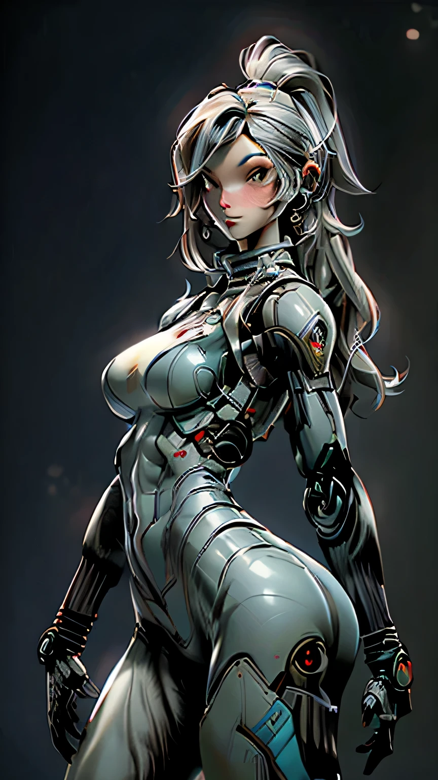 (Female Robocop: 1.0), Beautiful and detailed face with expressive features, (Slender body: 1.2), Slim waist and hourglass figure, (Large breast: 1.4), Thin thigh, (Realistic robot: 1.3), Wearing a fitted exoskeleton, (Skinny body: 1.0), Muscular build, (Fat ass: 1.4), Round and jutting buttocks, (Realistic pistols: 1.4), Wielding two pistols with precision, (Tall stature: 1.5), Standing confidently amongst the ruins of the deserted street, (