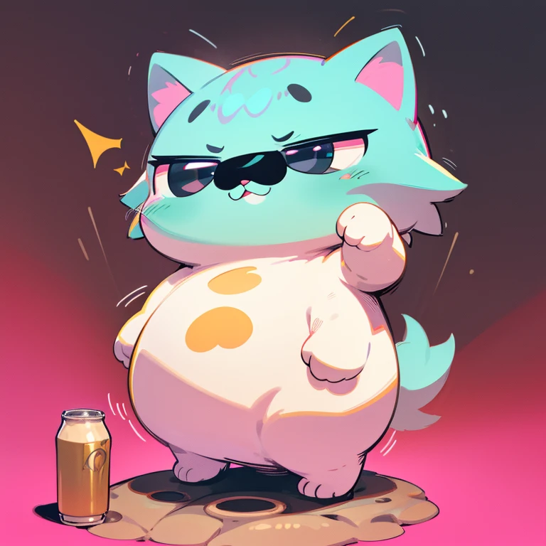 Make a munchkin cat with the cutest attributes:
Cattributes: a munchkin cat with,
Fur soft and fluffy, representing,
Thicccbrowz, thick and expressive brows framing,
Eye shape round and wide, enchanting,
Jaguar pattern, distinct and mesmerizing,
Happygokitty demeanor, always adorable and content,
Mouth small and pink, holding an orangesoda can,
Base color coffee, warm and inviting,
Highlight color granitegrey, adding depth and texture,
Accent color sizzurp, pops of vibrant, neon hues,
E