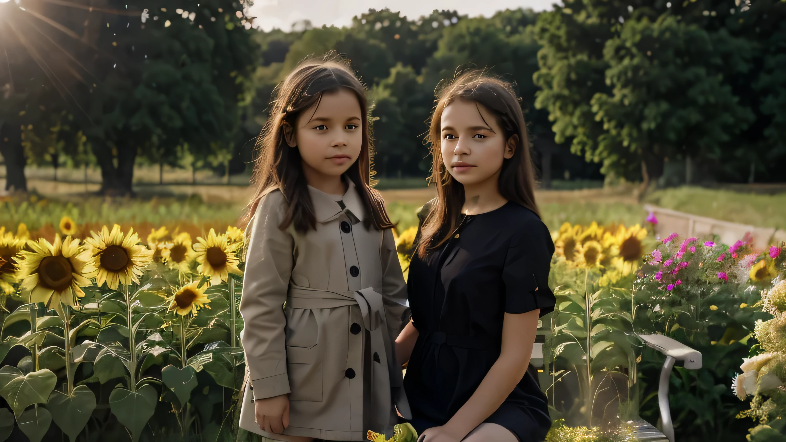 fashion dress, bench, flowers, 2-4 children in a field of a sunflowers, in a front of it, winter cloth, 15 meters camera distance, hot weather, sun shafts, sun is not visible, crass in the front, trees on the background,
