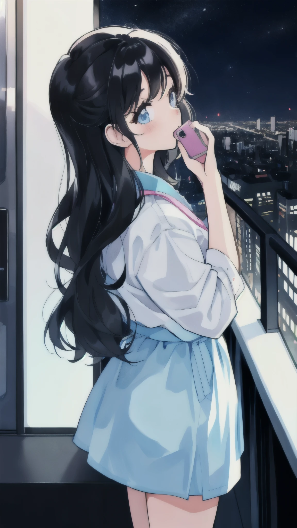 a girl looking at iPhone, waiting for the reply from a guy who she is interested in, city pop, white and black, nostalgic, night, ry