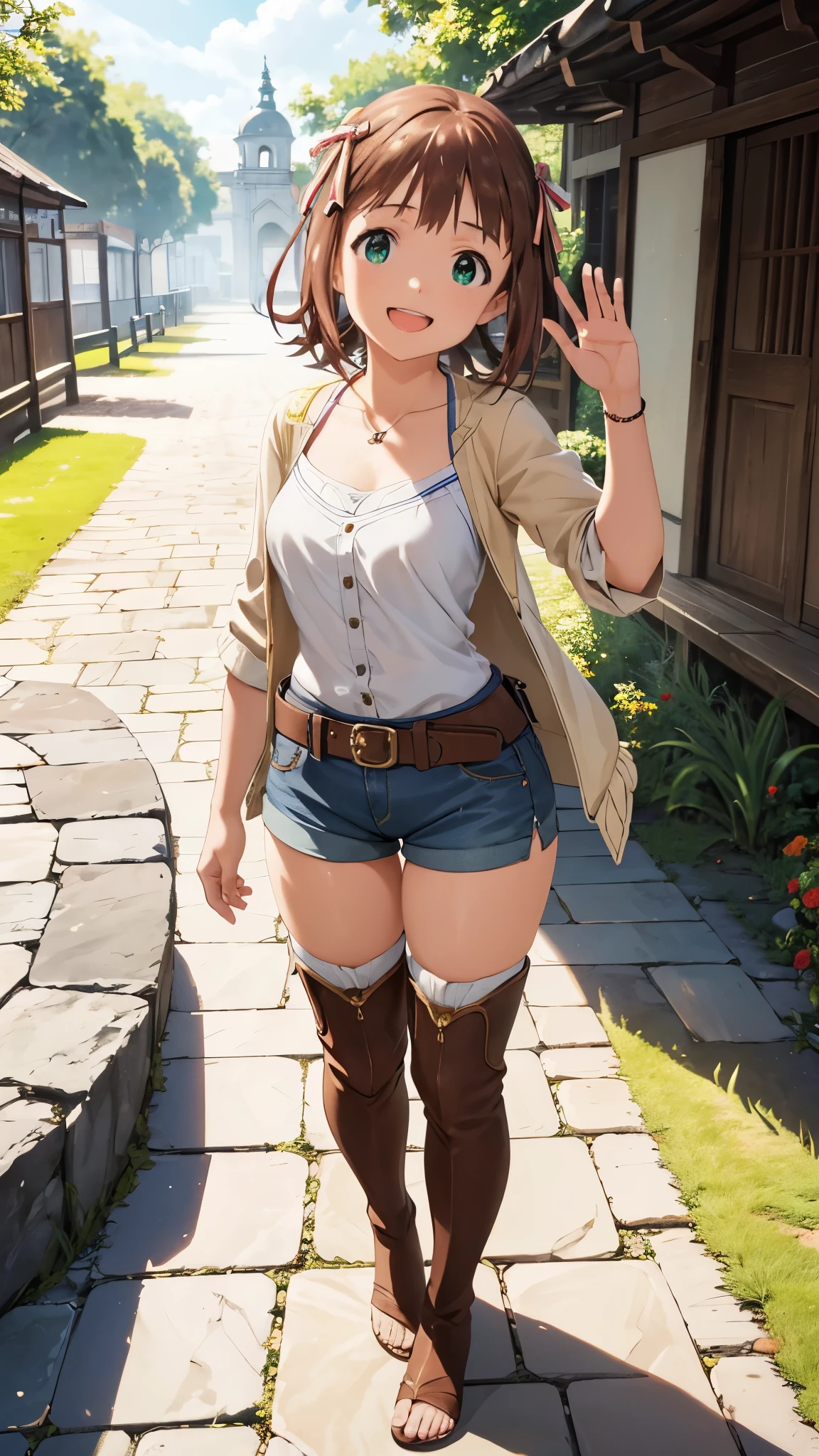 CG, unity, 8k, wallpaper, highest quality, masterpiece, 1 girl, haruka amami, cowboy shot, standing, looking at viewer, outdoors, waving, (smile: 1.2), open mouth, (thigh boots that expose your toes like sandals), shorts, thighs, best lighting, complex pupils, complex textile, realistic skin texture, detailed background, (Traditional stone town in Europe)