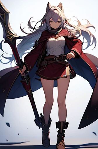 (((Best Quality))) , ((full body)), adult female, high fantasy outfit, solo, (white background), holding weapon, belt, violet, brown, white, maroon, blue, stand posture,