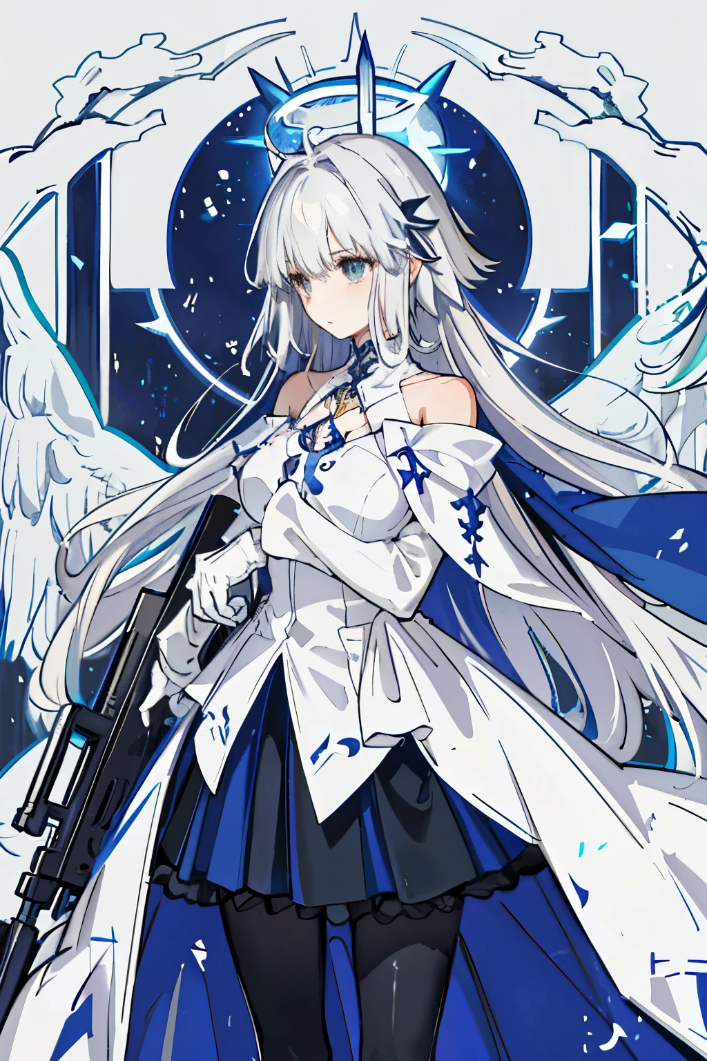 (masterpiece, highest quality:1.2), cowboy shot, alone, profile, empire, silver straight long hair,Big Galactic Halo,cape,Assault rifle,magic ,Large wings from the shoulders,bangs bangs,world Tree,Ribbon on chest,calm woman,princess cut,tights,Shoulders hide,Mimore length skirt,less exposed,black costume