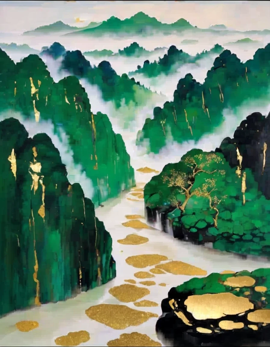 Gold Leaf Art，in style of Wu Guanzhong，A Thousand Miles of Rivers and Mountains，Use Azurite、Stone green coloring，Makes the rocks look heavy、Green，Bright picture、Richly，Strong color、brilliant。Sometimes the outlines of rocks are outlined with gold，Increase the magnificent effect，Known as &quot;Golden and Green Landscape&quot;。Gustav Klimt specialized in traditional oil paintings covered with gold leaf，Make the painting more modern。His works[kiss]It is a masterpiece of his golden period.，It is also a representative work of symbolism.。