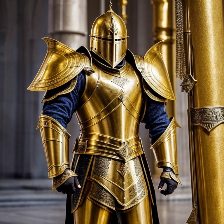 Modern Heavily armored knight, masterpiece, medieval, detailed armor, fantastic armor, golden armor, in a mosque, amazing and unique sword in his hand, full body,