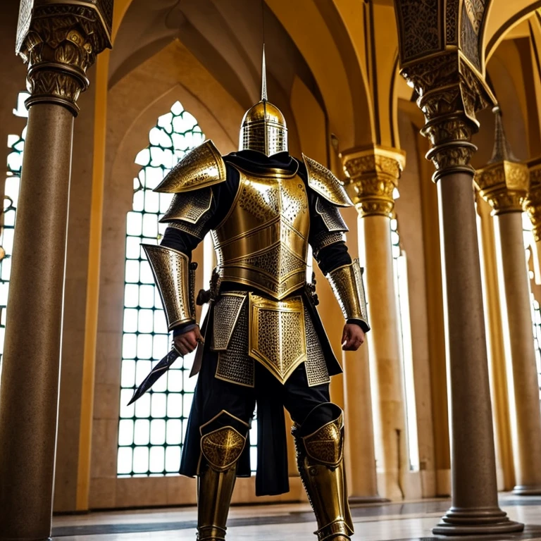 Modern Heavily armored knight, masterpiece, medieval, detailed armor, fantastic armor, golden armor, in a mosque, amazing and unique sword in his hand, full body,