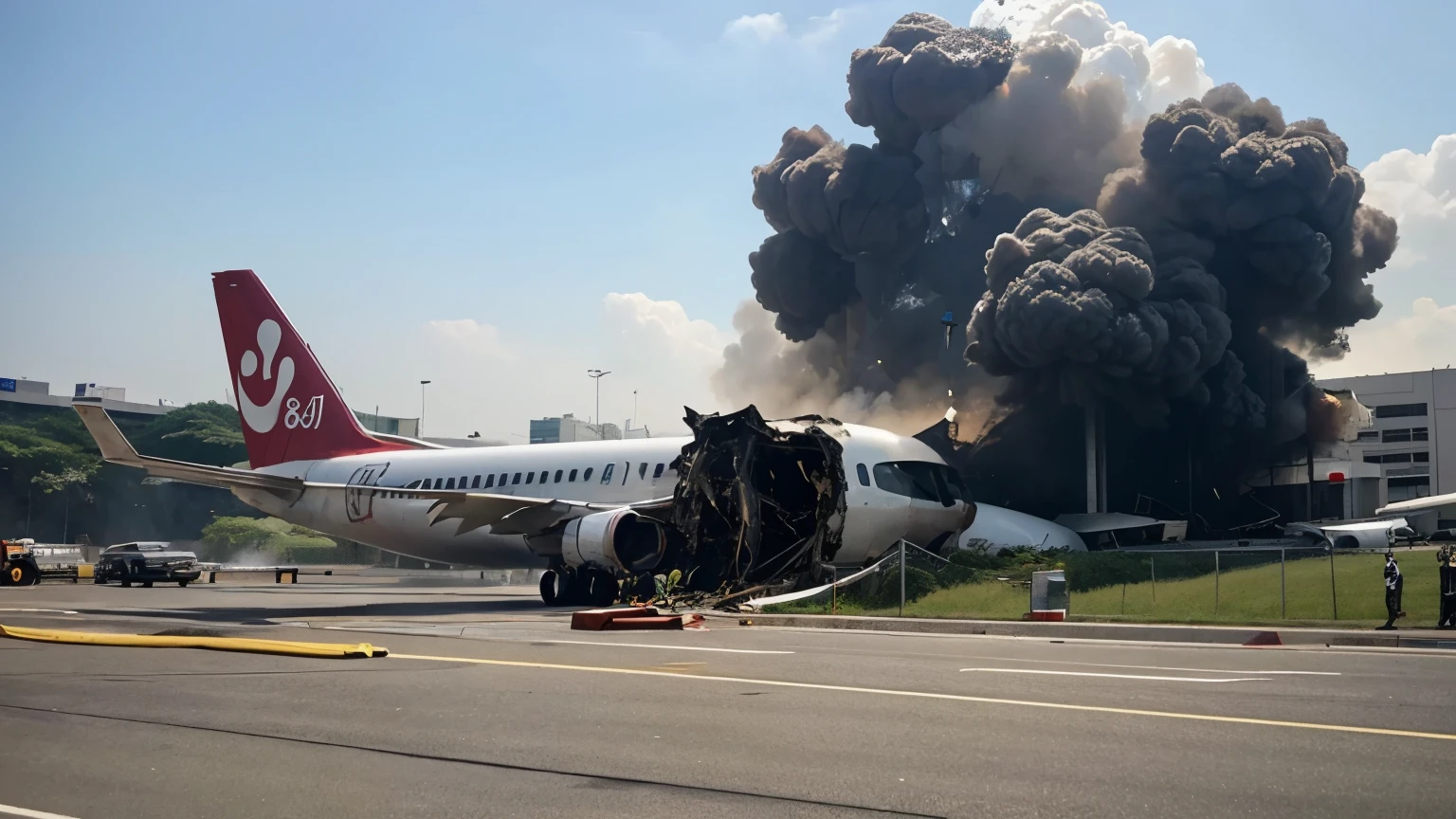 Hong Kong International Airport, 737 plane crash, fire, smoke, aircraft damage, building damage