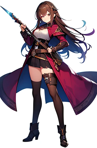 (((Best Quality))) , ((full body)), adult female, high fantasy outfit, solo, (white background), holding weapon, belt, violet, brown, white, maroon, blue, stand posture,
