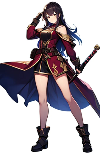 (((Best Quality))) , ((full body)), adult female, high fantasy outfit, solo, (white background), holding weapon, belt, violet, brown, white, maroon, blue, stand posture,