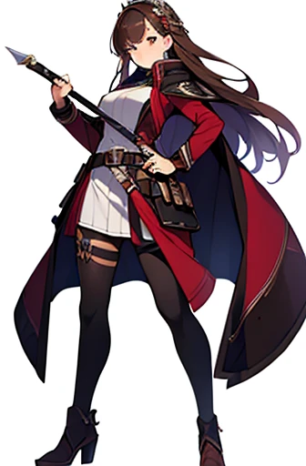 (((Best Quality))) , ((full body)), adult female, high fantasy outfit, solo, (white background), holding weapon, belt, violet, brown, white, maroon, blue, stand posture,
