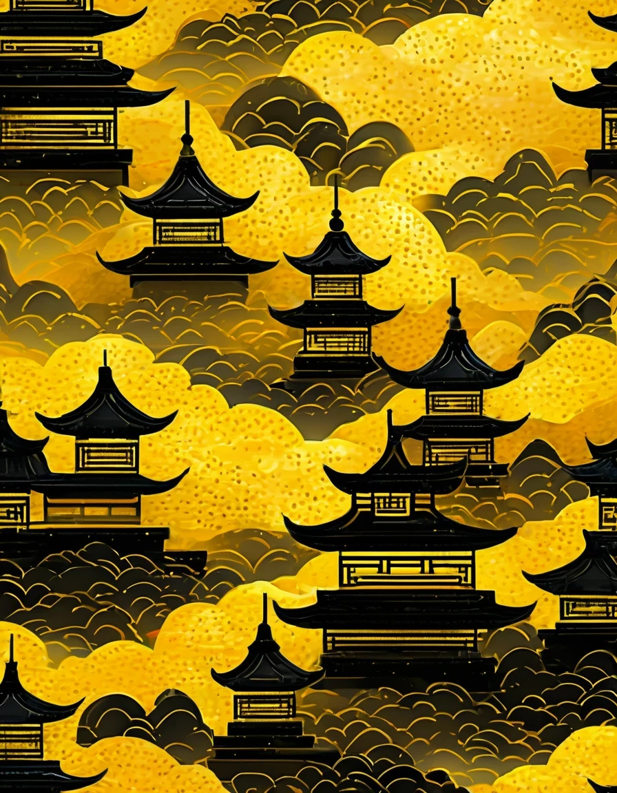 Pointillism expressionism Chinese style ancient architectural complex, Gold foil art,in the style of whimsical abstract landscapes, dark yellow and black, digital illustration, bold, dramatic forms, high-contrast, tumblewave,bright textured layered depth