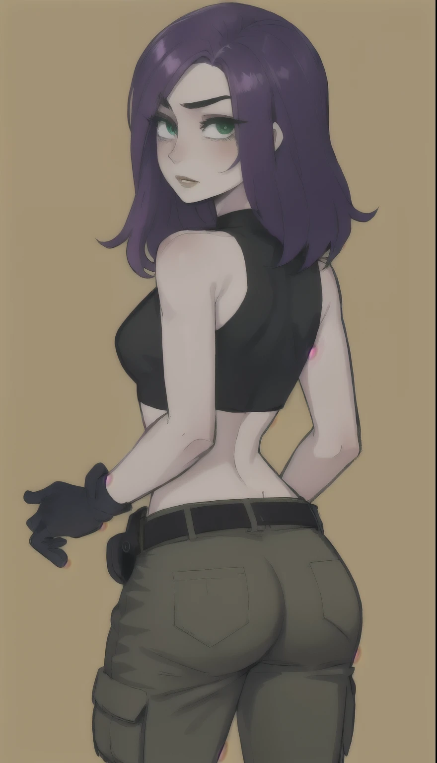 1 girl, (Cartoon:1.3), detailed eyes, looking at viewer purple hair, green eyes, confident expression, black crop top, black gloves, brown belt, green cargo pants, Pale skin, Thin eyebrows, ass