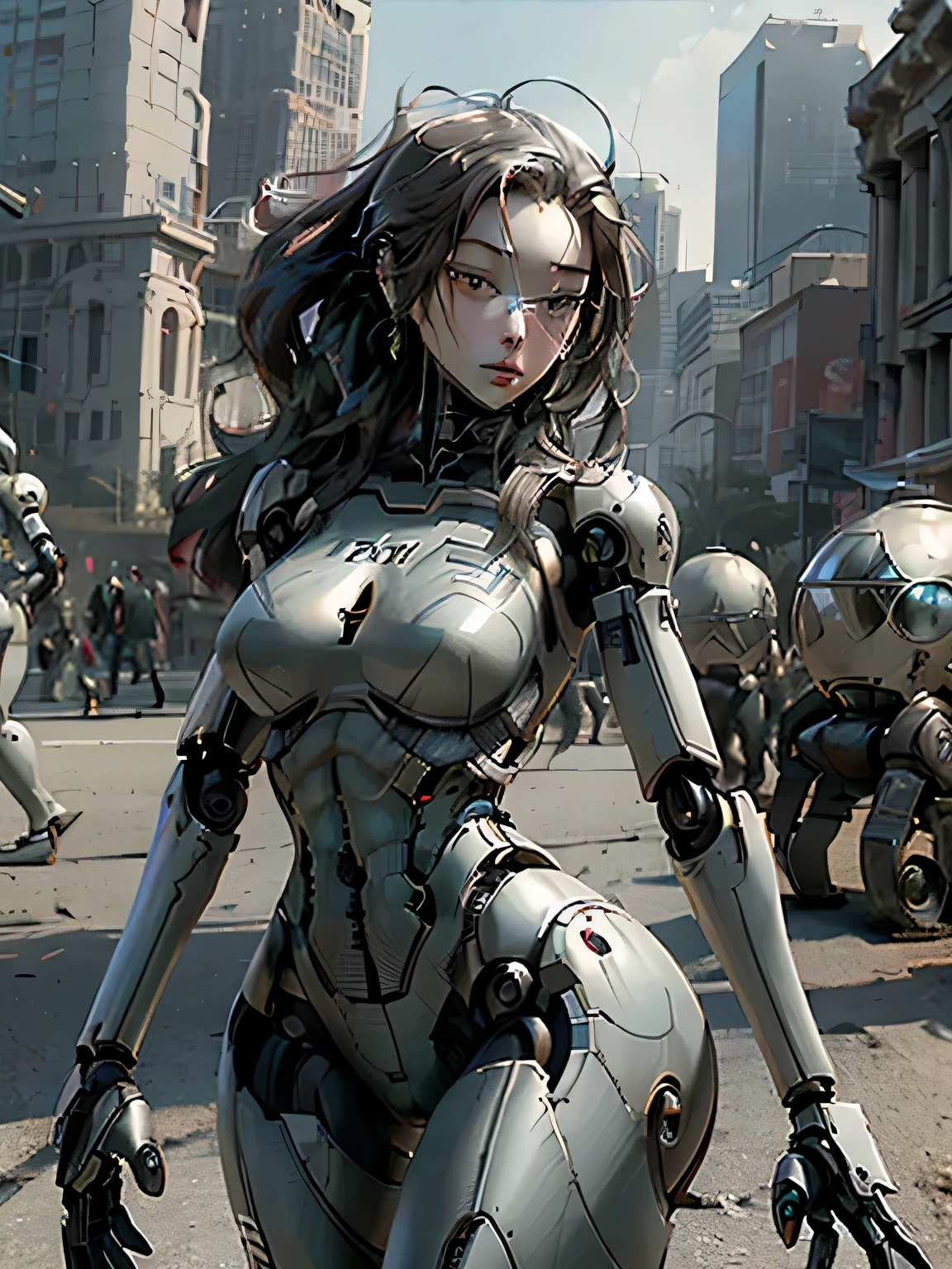 (Female Robocop: 1.0), Beautiful and detailed face with expressive features, (Slender body: 1.2), Slim waist and hourglass figure, (Large breast: 1.2), Thin thigh, (Realistic robot: 1.7), Wearing a fitted exoskeleton, (Skinny body: 1.0), Muscular build, (Fat ass: 1.1), Round and jutting buttocks, (Realistic pistols: 1.4), Wielding two pistols with precision, (Tall stature: 1.7), Standing confidently amongst the ruins of the deserted street, (