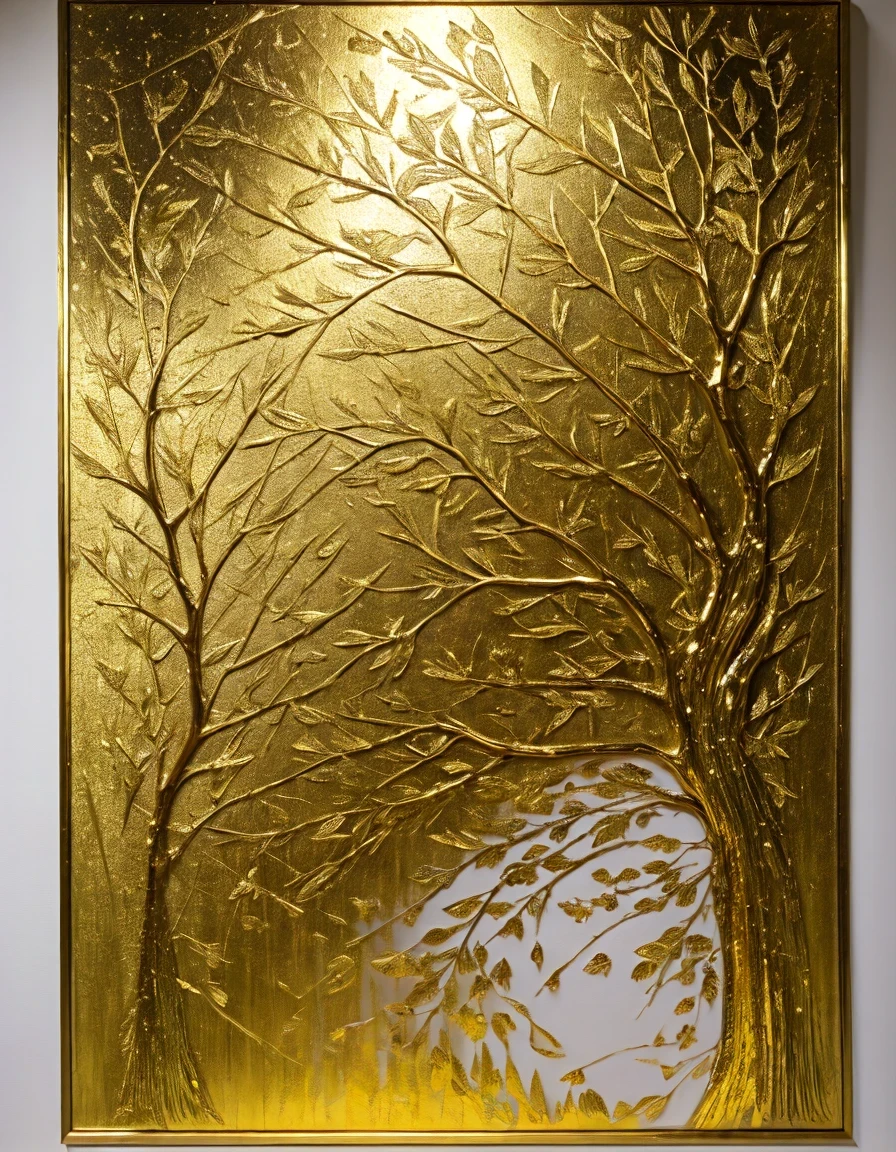 Gold Leaf Art，Gold leaf screen，Sketch the lines one by one,Use freehand painting styles such as splashing ink，Lee writes on gold foil,The painting was changed to be composed on handmade silk made by experts in Kyoto。 Then, gold foil is applied to the trunk and branches.,Create a different flavor from the gold screen painting。 This new technique allows the shine to emerge from the trees in the painting.,Rather than from the background,The tree becomes the eye-catching protagonist。 In some works,The artist used fine sand to embellish the parts of the painting where gold foil was pasted.,Rich texture,Increase the visual level of the picture。