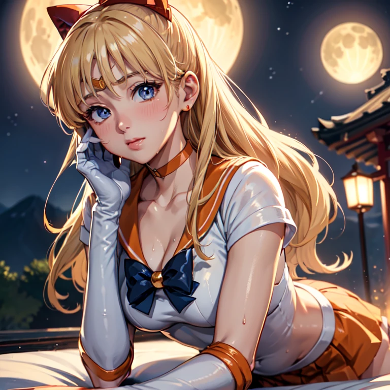 master piece,best quality,ultra detailed,8k, ambient light,realistic skin,glossy skin, 
（sv1, sailor senshi uniform, orange skirt, elbow gloves, tiara, orange sailor collar, red bow, orange choker, white gloves, jewelry）、（sailor senshi uniform）、
 （lie face down：1.3）、（portrait）、（the body is very wet：1.3）、yukata、glossy lips、Slightly emphasize the lower lip、blush、embarrassed expression、emphasizing the cleavage、 
fantastic night sky、full moon、aurora、horizon、open-air bath、Japanese inn、futon