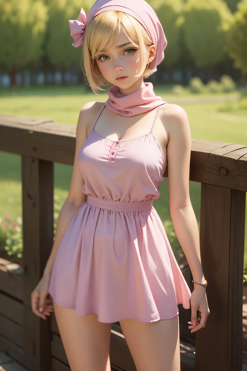 Girl, green eyes, short blond hair, head scarf, pink dress, Masha, Masha from the cartoon Masha and the Bear, age 18, medium-sized breasts, pink dress and loose white clothes underneath