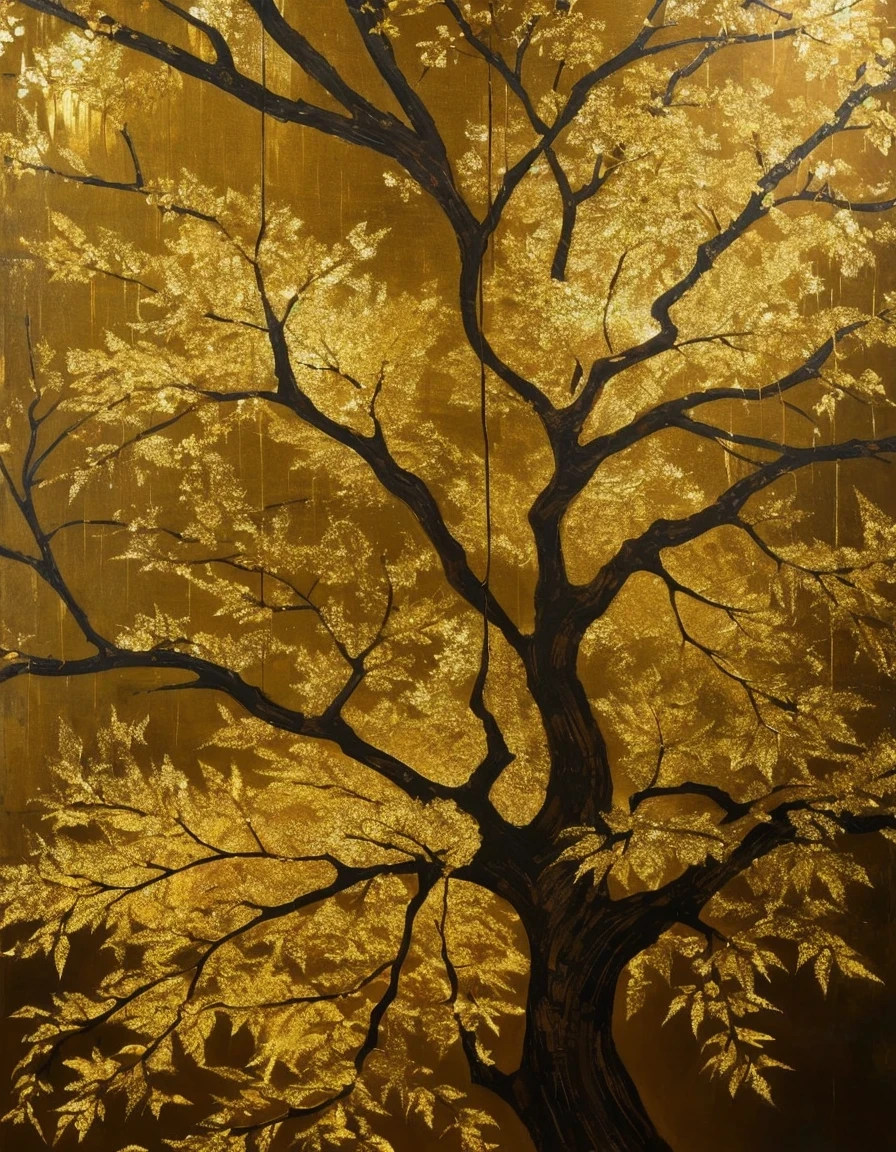 Gold Leaf Art，，Lee no longer writes on gold foil,The painting was changed to be composed on handmade silk made by experts in Kyoto。 Then, gold foil is applied to the trunk and branches.,Create a different flavor from the gold screen painting。 This new technique allows the shine to emerge from the trees in the painting.,Rather than from the background,The tree becomes the eye-catching protagonist。 In some works,The artist used fine sand to embellish the parts of the painting where gold foil was pasted.,Rich texture,Increase the visual level of the picture。