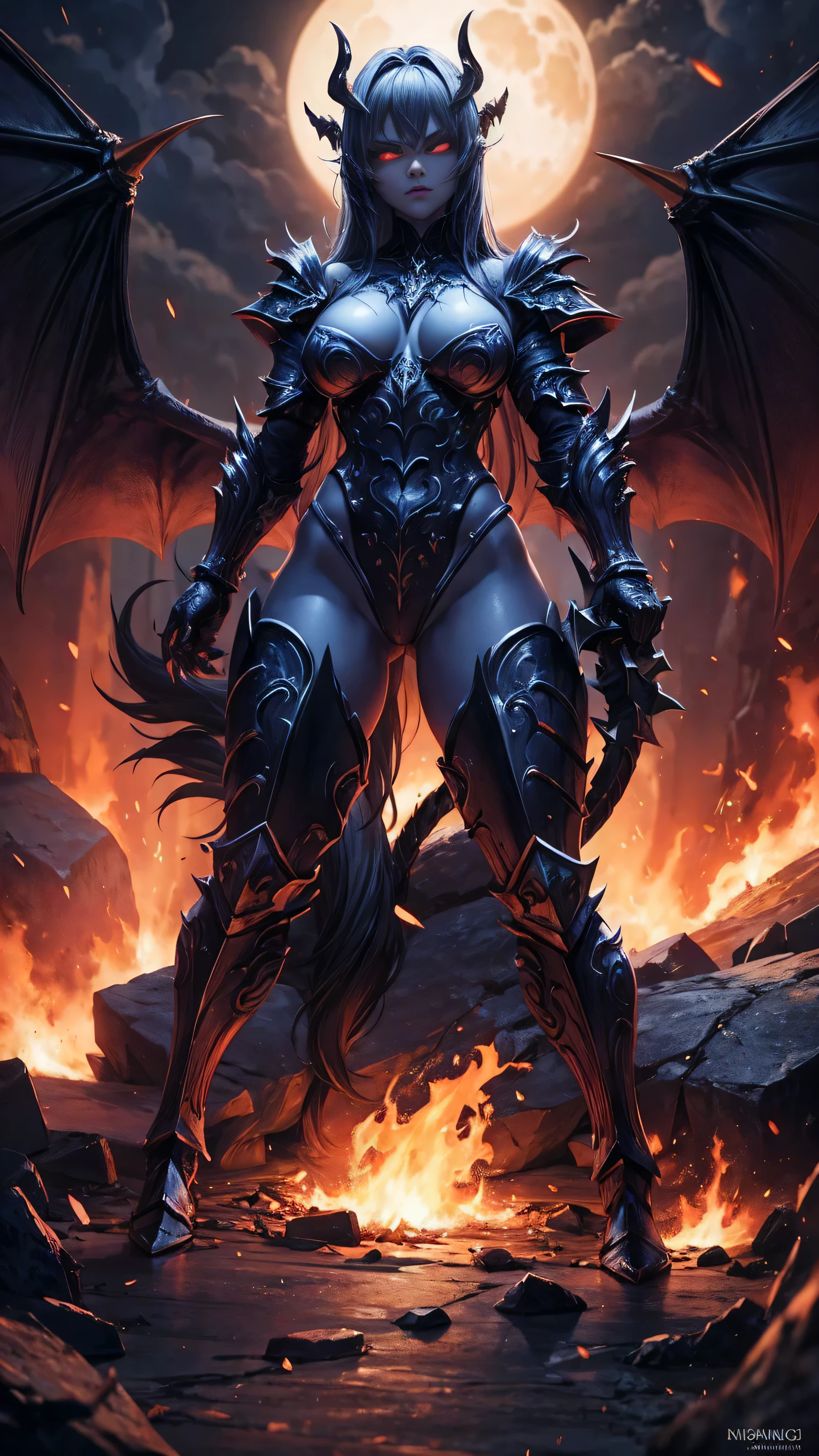 girl, gargoyle warrior, comprised of Antikythera mechanisms, crouching, evil look, sexy, armour panties, claws, fangs, wings, busty, massive tail, demonic armor, facepaint, bodypaint, red glowing eyes, combat stance, vibrant appearance, creative behavior, imaginative, sensual, spontaneous, highest quality, skin texture, intricate details, (cinematic lighting), RAW photo, 8k, under moonlight, nightmarish, full moon, firestorm, debris