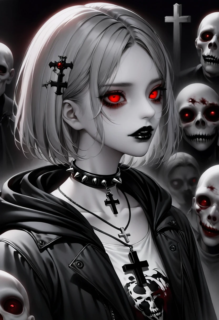 1 girl, black collar, Gothic, zombie atmosphere, black lips, collar, collar, cross, cross necklace, gray hair, hair accessories, hairpin, have, hood, inverted cross, Jacket, jewelry, lipstick, looking at the audience, cosmetic, Medium long hair, necklace, Red eyes, shirt, short hair, alone, spiked collar, peak, Upper body, luminescent, horror theme, Threshold