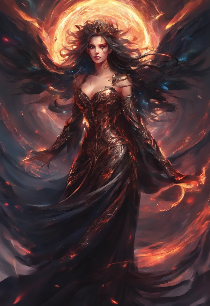 Demon princess, mournful lady, ghost angel, fighting in the battlefield casting a dark spell, dark energy aura, full figure portrait, three quarter wiew, masterpiece, 8k resolution, warp space background, Caravaggio art, digital art