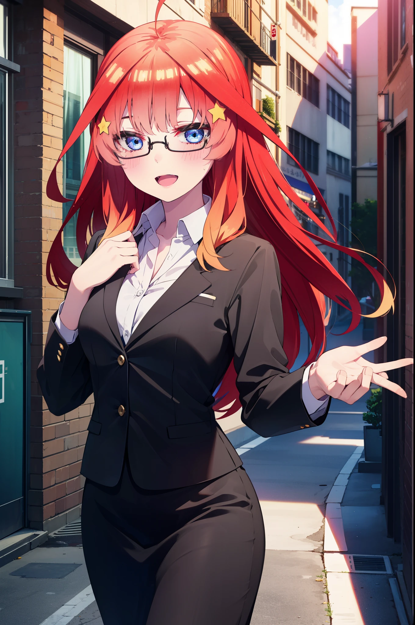 itsukinakano, itsuki nakano, bangs, blue eyes, hair between eyes, Ahoge, redhead, star \(symbol\), hair ornaments, star hair ornaments,happy smile, smile, open your mouth,OL, Akagi glasses,black suit jacket, collared jacket, white dress shirt, collared shirt, neckline, button, strap, ID card on neck, black pencil skirt, black pantyhose, stiletto heels,whole bodyがイラストに入るように,evening,sunset,The sun is setting,
break outdoors, In town,building street,
break looking at viewer, whole body,(cowboy shot:1. 5)
break (masterpiece:1.2), highest quality, High resolution, unity 8k wallpaper, (figure:0.8), (detailed and beautiful eyes:1.6), highly detailed face, perfect lighting, Very detailed CG, (perfect hands, perfect anatomy),