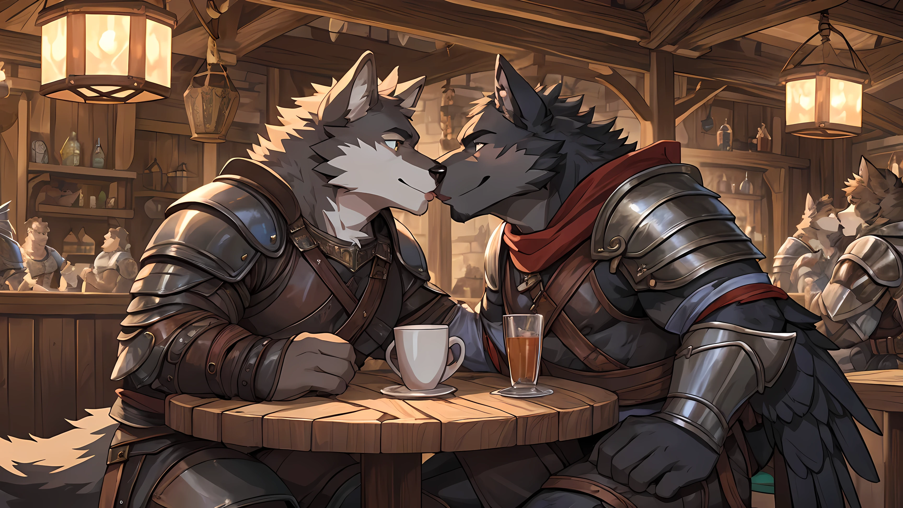 Tyrannosaurus ,masculine ,Black feathers ,Wearing fantasy adventurer leather armor's leather armor , in tavern. , Another wolf kissed his lips shyly. Kiss, kissing. Sitting at table, hand on hip, being pulled in close, excited, cute expression