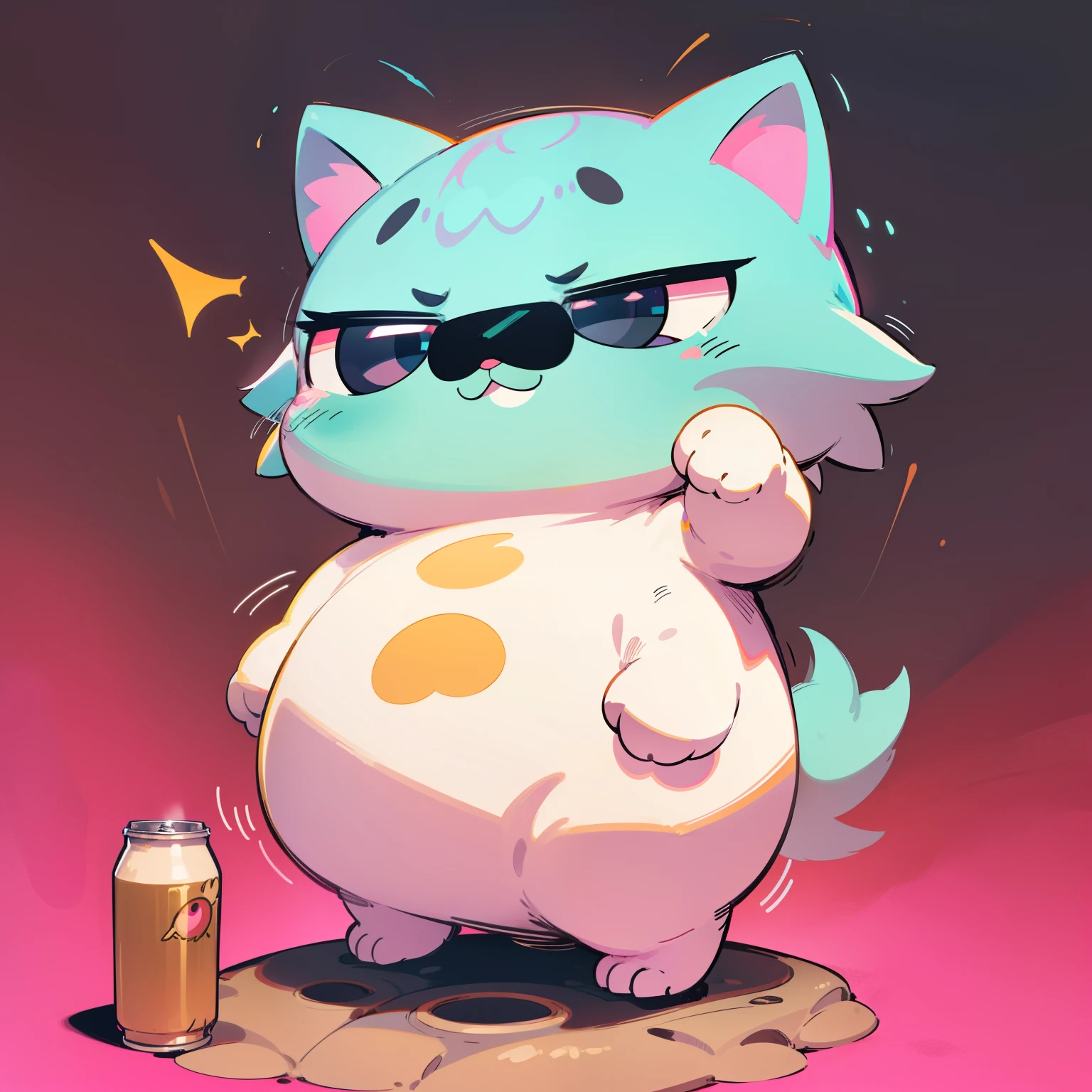 Make a munchkin cat with the cutest attributes:
Cattributes: a munchkin cat with,
Fur soft and fluffy, representing,
Thicccbrowz, thick and expressive brows framing,
Eye shape round and wide, enchanting,
Jaguar pattern, distinct and mesmerizing,
Happygokitty demeanor, always adorable and content,
Mouth small and pink, holding an orangesoda can,
Base color coffee, warm and inviting,
Highlight color granitegrey, adding depth and texture,
Accent color sizzurp, pops of vibrant, neon hues,
E