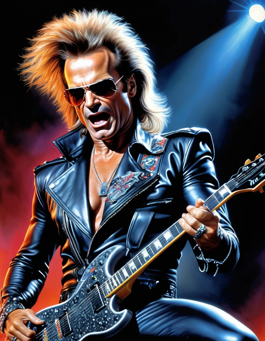 A (waist up:1.2) cinematic photorealistic color digital painting of (David Lee Roth:1.25) as the Terminator with the (80's heavy metal rock star hair style:1.2) jump in stage, detailed face, insanely detailed and intricate, crisp sharp and clear, volumetric lighting, ultra-high resolution, masterpiece hyper realistic artwork of Don Lawrence, centered, Professional color grading by Kennedy Hines Jr.