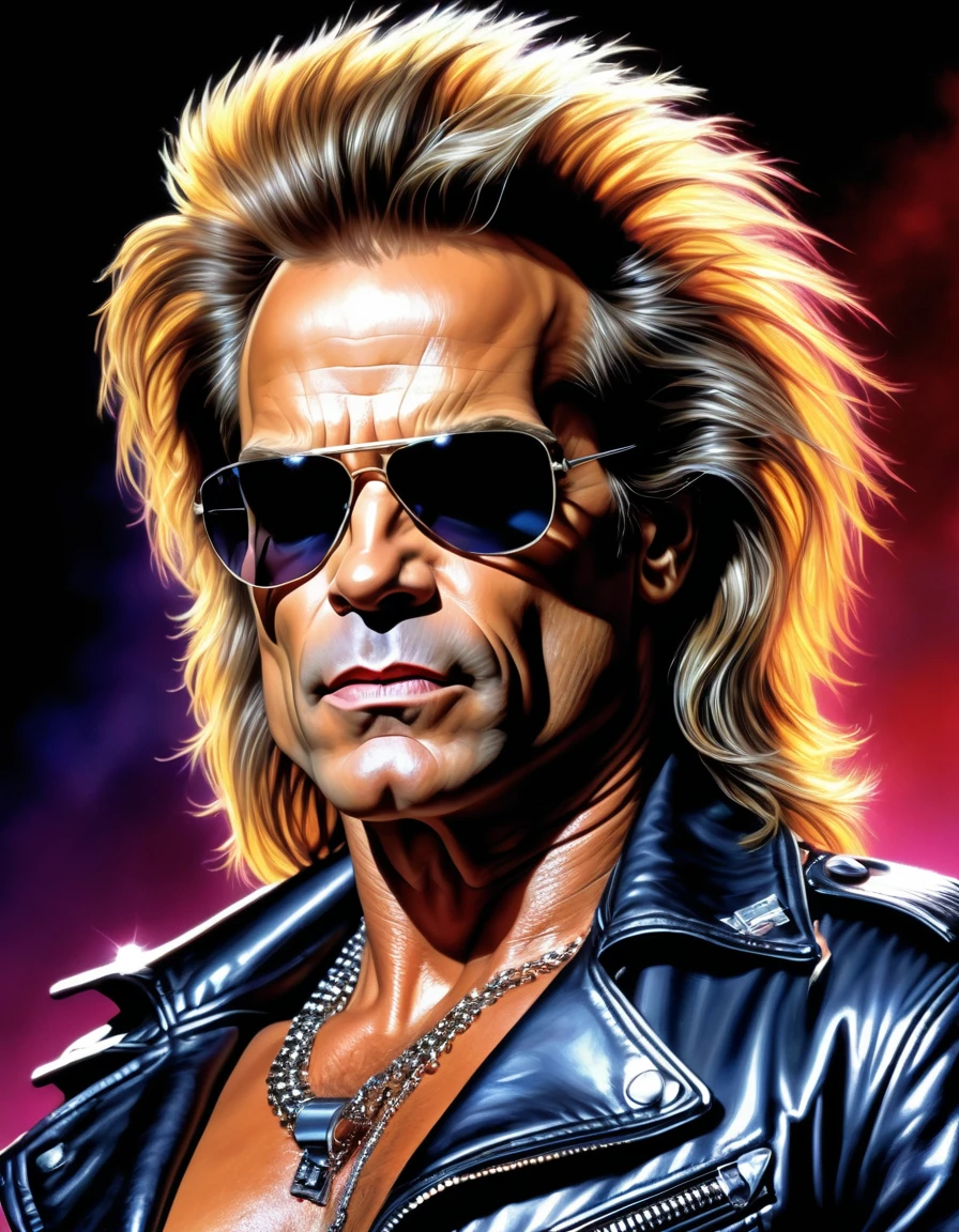 A (waist up:1.2) cinematic photorealistic color digital painting of David Lee Roth as the Terminator with the (80's heavy metal rock star hair style:1.2) jump in stage, detailed face, insanely detailed and intricate, crisp sharp and clear, volumetric lighting, ultra-high resolution, masterpiece hyper realistic artwork of Don Lawrence, centered, Professional color grading by Kennedy Hines Jr.