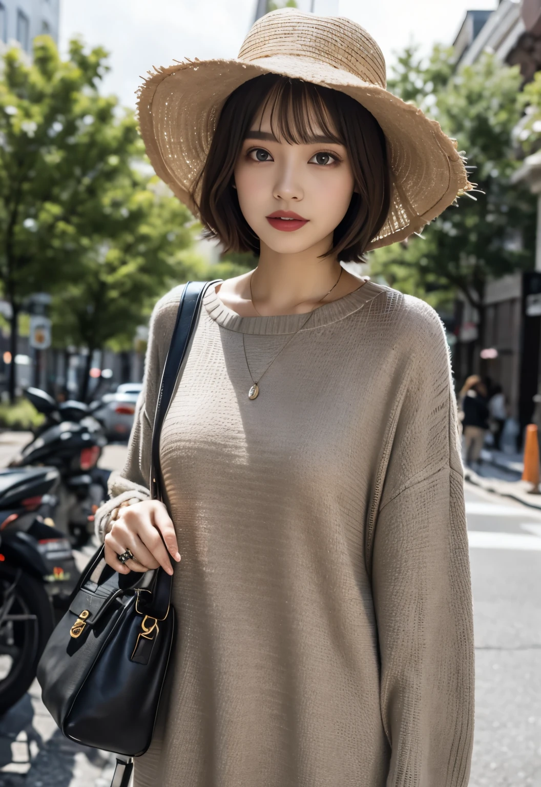 big hat:1.3, natural makeup:1.3, medium bob