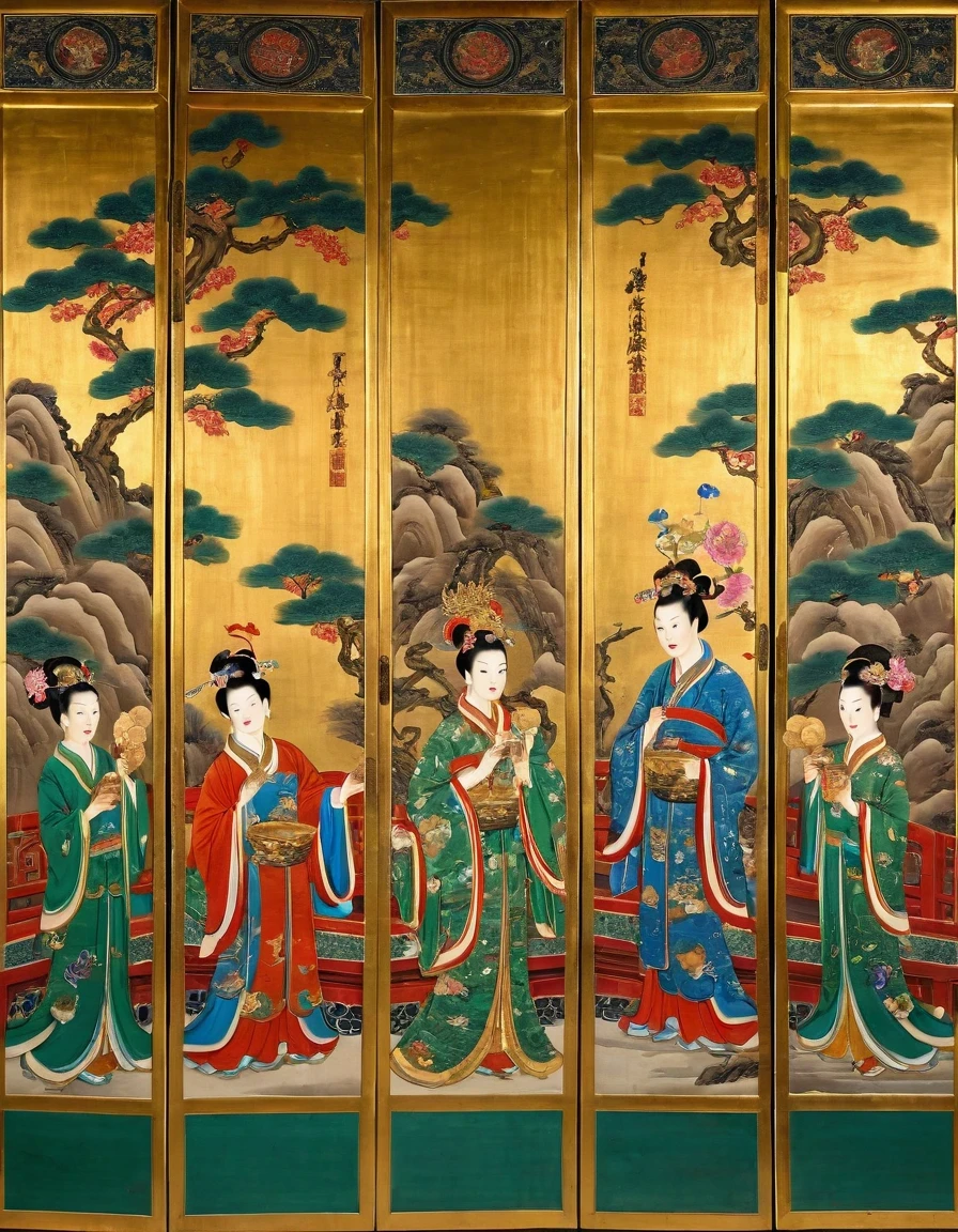 Late Qing Dynasty Gold Paper Painting by Ren Bonian《Immortals Celebrating Birthday》
12-panel screen with gold-painted background，The gods and immortals attend the Queen Mother&#39;s birthday banquet，Use bright colors、Fresh，cinnabar、azurite、The malachite green is painted in thick and light colors on the gold painting ground，The whole picture is magnificent，Gorgeous and rich