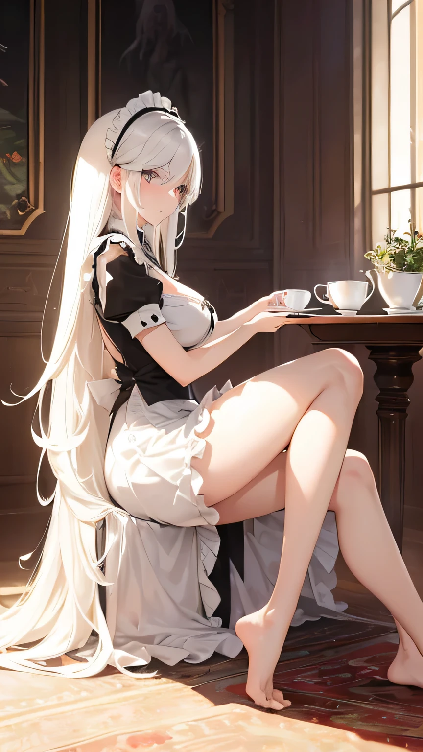 (masterpiece, highest quality), (ultra high resolution, 8k RAW photo, photorealistic:1.5, textile shading, Thin contours), Beautiful mature woman preparing for tea time, (Tea set, Tea cup), Wearing traditional maid clothes, Maid clothes:1.2, long flare skirt, apron, tall and leggy, long white hair, (28 years old, alone), (big breasts, , big , tight waist), (long white hair, hair above one eye, half up hair, asymmetrical hair, wavy hair), (bright pupils, fine eyes, high definition face, perfect face shape, eyelash), (enchanting smile, half closed eyes), (view audience:1.3), (dynamic angle, thigh focus, from the side and above:1.2), ((correct anatomy:1.5, correct move)), (ideal body proportions),