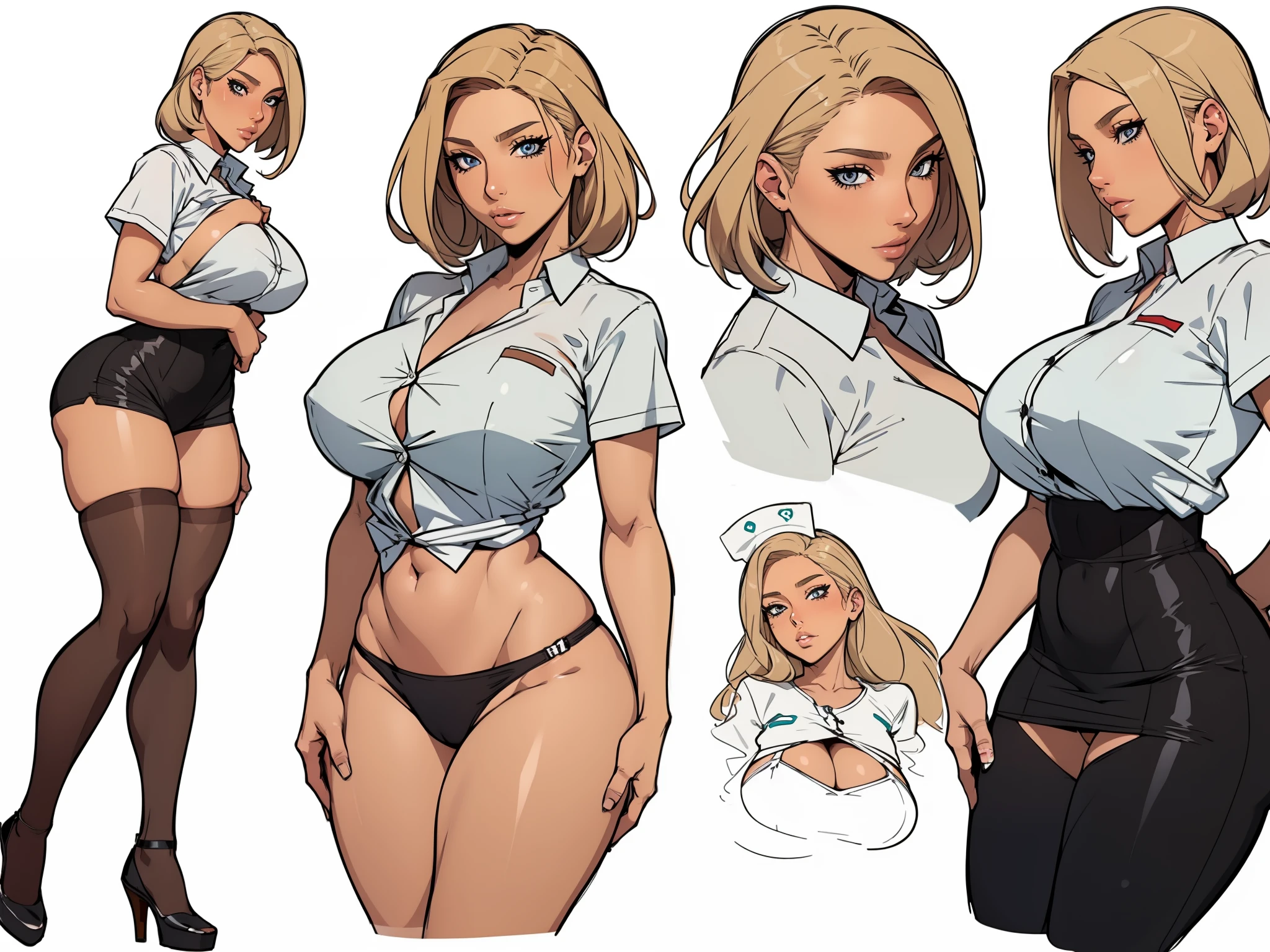 ((masterpiece)),(((best quality))),((character design sheet)),((rough sketch)),((vulgar)),thick thighs,african girl,blond hair,big ,((between breasts)),pussy juice,wearing an Wet sexual nurse uniforms and nurse cap,shirt harf lift,milking