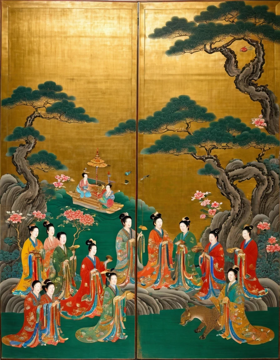 Late Qing Dynasty Gold Paper Painting by Ren Bonian《Immortals Celebrating Birthday》
12-panel screen with gold-painted background，The gods and immortals attend the Queen Mother&#39;s birthday banquet，Use bright colors、Fresh，cinnabar、azurite、The malachite green is painted in thick and light colors on the gold painting ground，The whole picture is magnificent，Gorgeous and rich