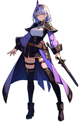 (((Best Quality))) , ((full body)), adult female, high fantasy outfit, solo, (white background), holding weapon, belt, violet, white, blue, stand posture,