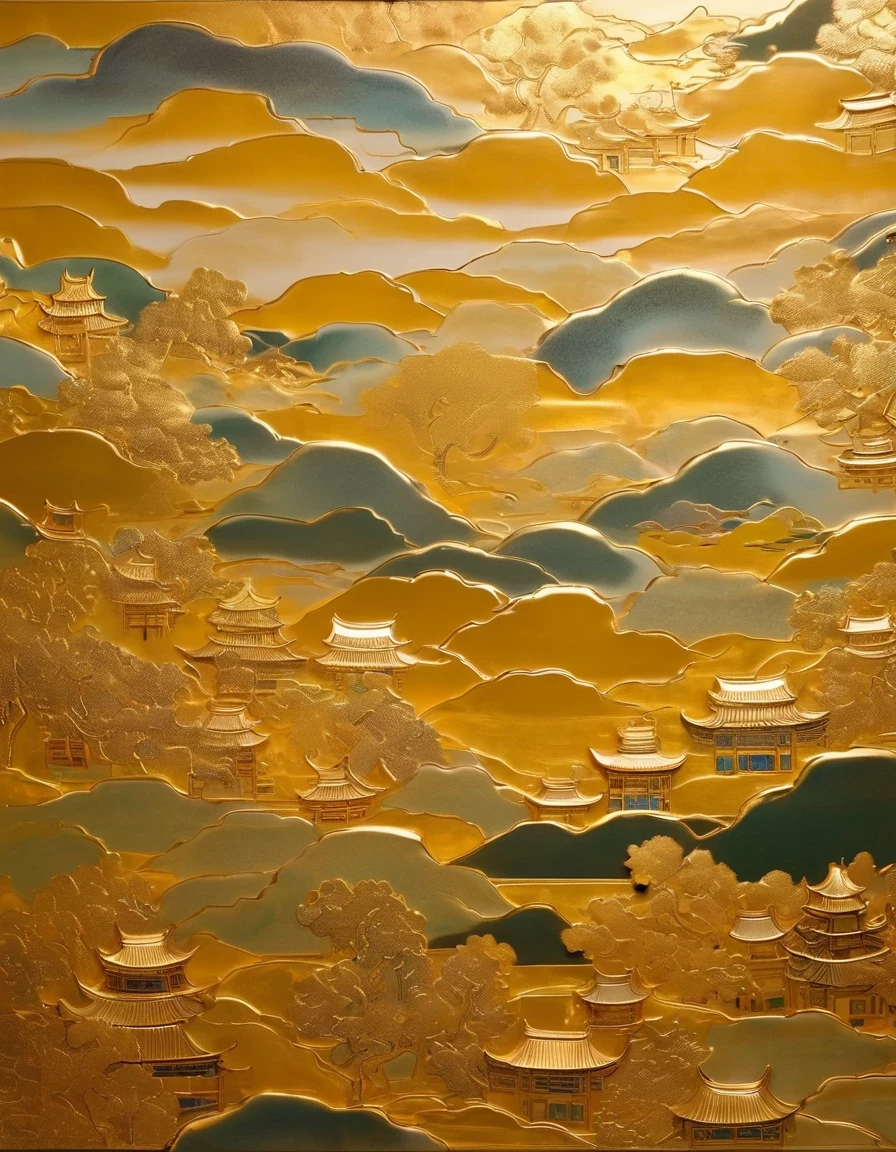 Gold Leaf Art/gold leaf art,in style of Wu Guanzhong,China was prosperous during the Tang Dynasty,Craftsmen often use expensive gold to decorate murals.,The Dunhuang Grottoes were decorated with extraordinary splendor.