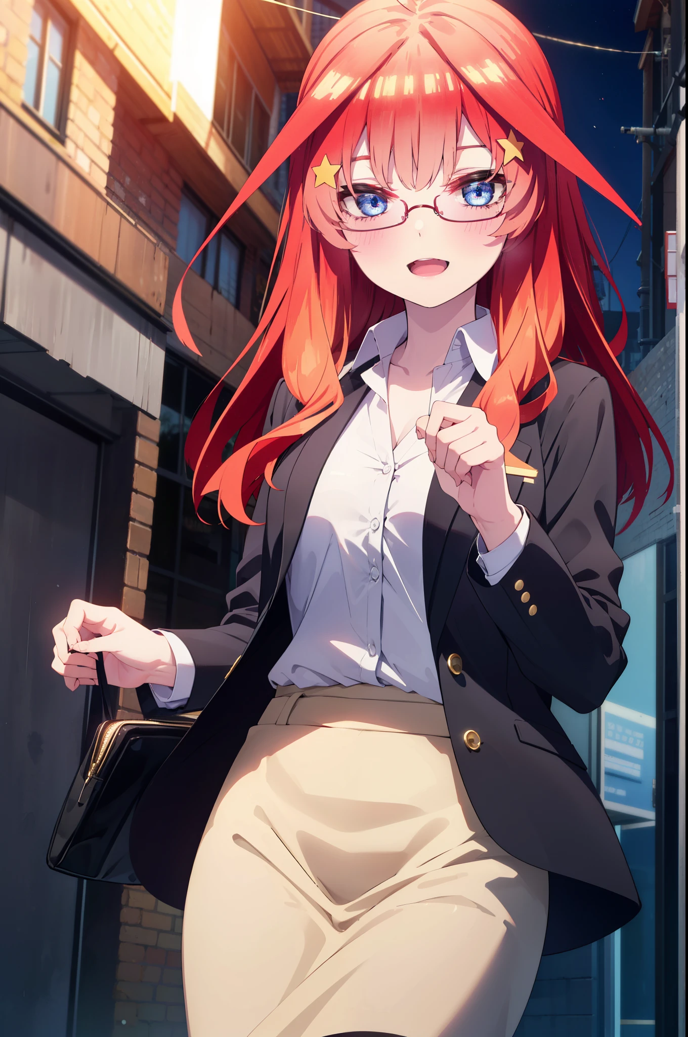 itsukinakano, itsuki nakano, bangs, blue eyes, hair between eyes, Ahoge, redhead, star \(symbol\), hair ornaments, star hair ornaments,happy smile, smile, open your mouth,OL, Akagi glasses,black suit jacket, collared jacket, white dress shirt, collared shirt, neckline, button, strap, ID card on neck, black pencil skirt, black pantyhose, stiletto heels,whole bodyがイラストに入るように,evening,sunset,The sun is setting,
break outdoors, In town,building street,
break looking at viewer, whole body,(cowboy shot:1. 5)
break (masterpiece:1.2), highest quality, High resolution, unity 8k wallpaper, (figure:0.8), (detailed and beautiful eyes:1.6), highly detailed face, perfect lighting, Very detailed CG, (perfect hands, perfect anatomy),