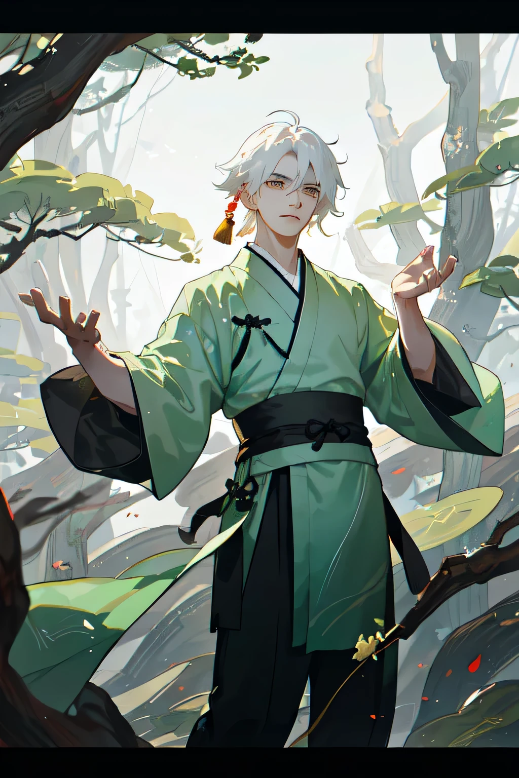 Twenty-year-old man,Chinese Hanfu,Green Hanfu,hansome,Chinese ink painting,white hair,Will martial arts