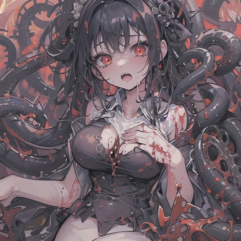 masterpiece, best quality, masterpiece,best quality,official art,extremely detailed CG unity 8k wallpaper, show foot, girl, solo, kawaii, no_humans, medium hair, black hair, tentacle hair, saliva, blood on face, light blush, red eyes, blood from eyes, large breasts, hanging breasts, one breast out, seifuku, black pantyhose, uwabaki, tentacle, vore, bdsm, girl_on_top, sex, femdom, facesitting, pussy_juice, female_ejaculation, cum, zombie girl ,one girl one boy,Girl infects boy