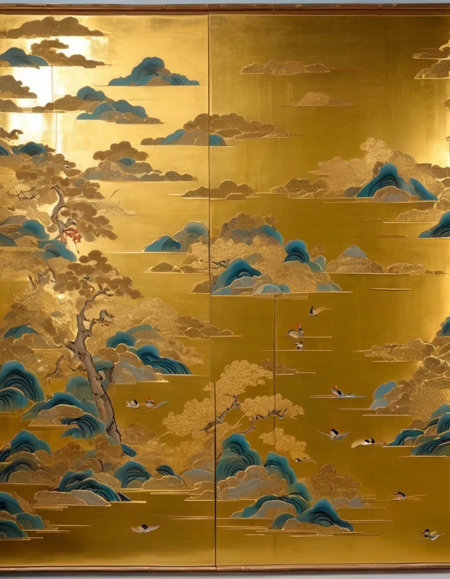 Gold Leaf Art/gold leaf art,in style of Wu Guanzhong,In China,Gold painting has a long history,The Tang Dynasty was prosperous,economic boom,Craftsmen often used expensive gold to decorate murals.,The Dunhuang Grottoes were decorated with extraordinary splendor.