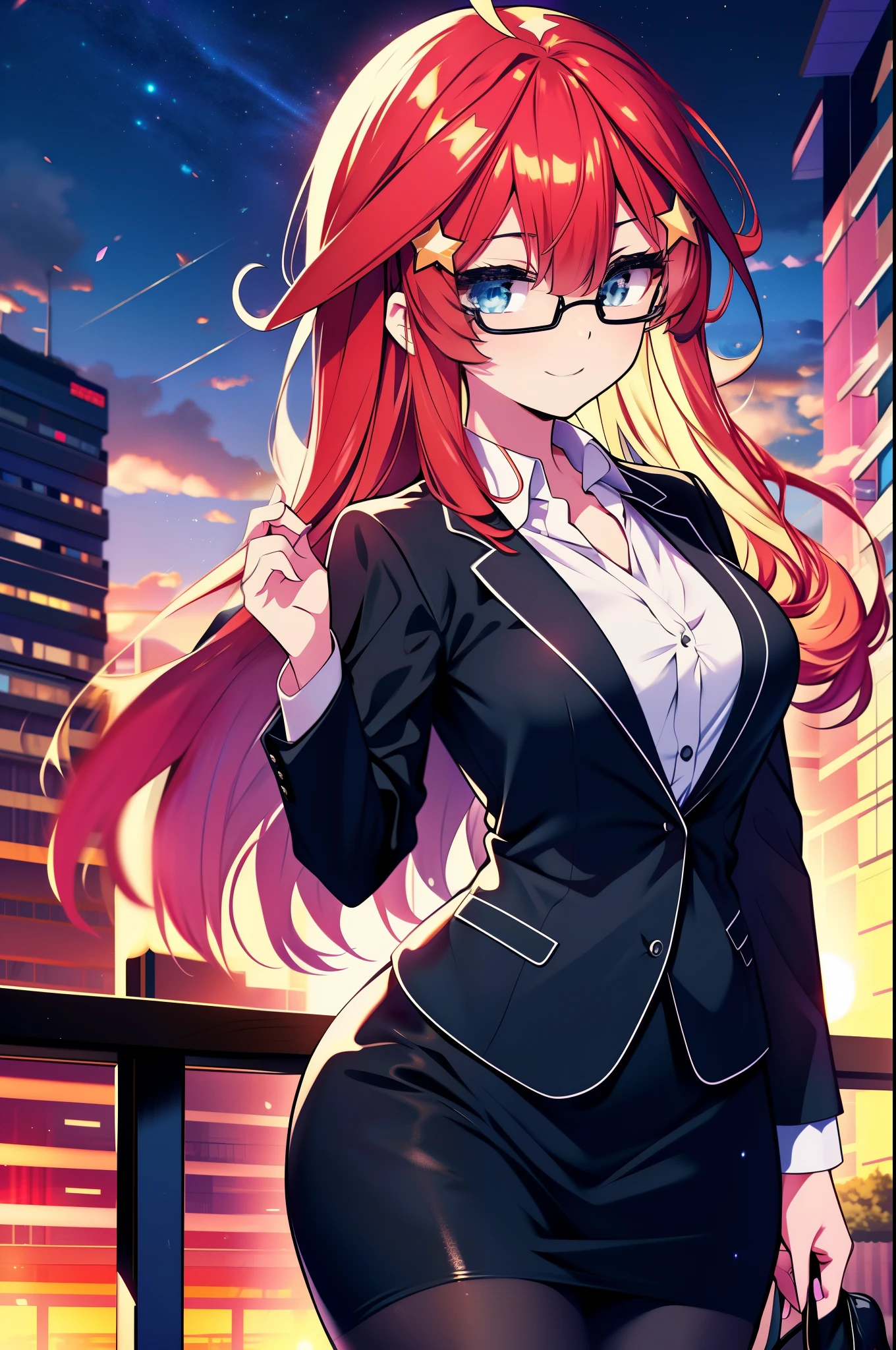 itsukinakano, itsuki nakano, bangs, blue eyes, hair between eyes, Ahoge, redhead, star \(symbol\), hair ornaments, star hair ornaments,happy smile, smile, open your mouth,OL, Akagi glasses,black suit jacket, collared jacket, white dress shirt, collared shirt, neckline, button, strap, ID card on neck, black pencil skirt, black pantyhose, stiletto heels,whole bodyがイラストに入るように,evening,sunset,The sun is setting,
break outdoors, In town,building street,
break looking at viewer, whole body,(cowboy shot:1. 5)
break (masterpiece:1.2), highest quality, High resolution, unity 8k wallpaper, (figure:0.8), (detailed and beautiful eyes:1.6), highly detailed face, perfect lighting, Very detailed CG, (perfect hands, perfect anatomy),